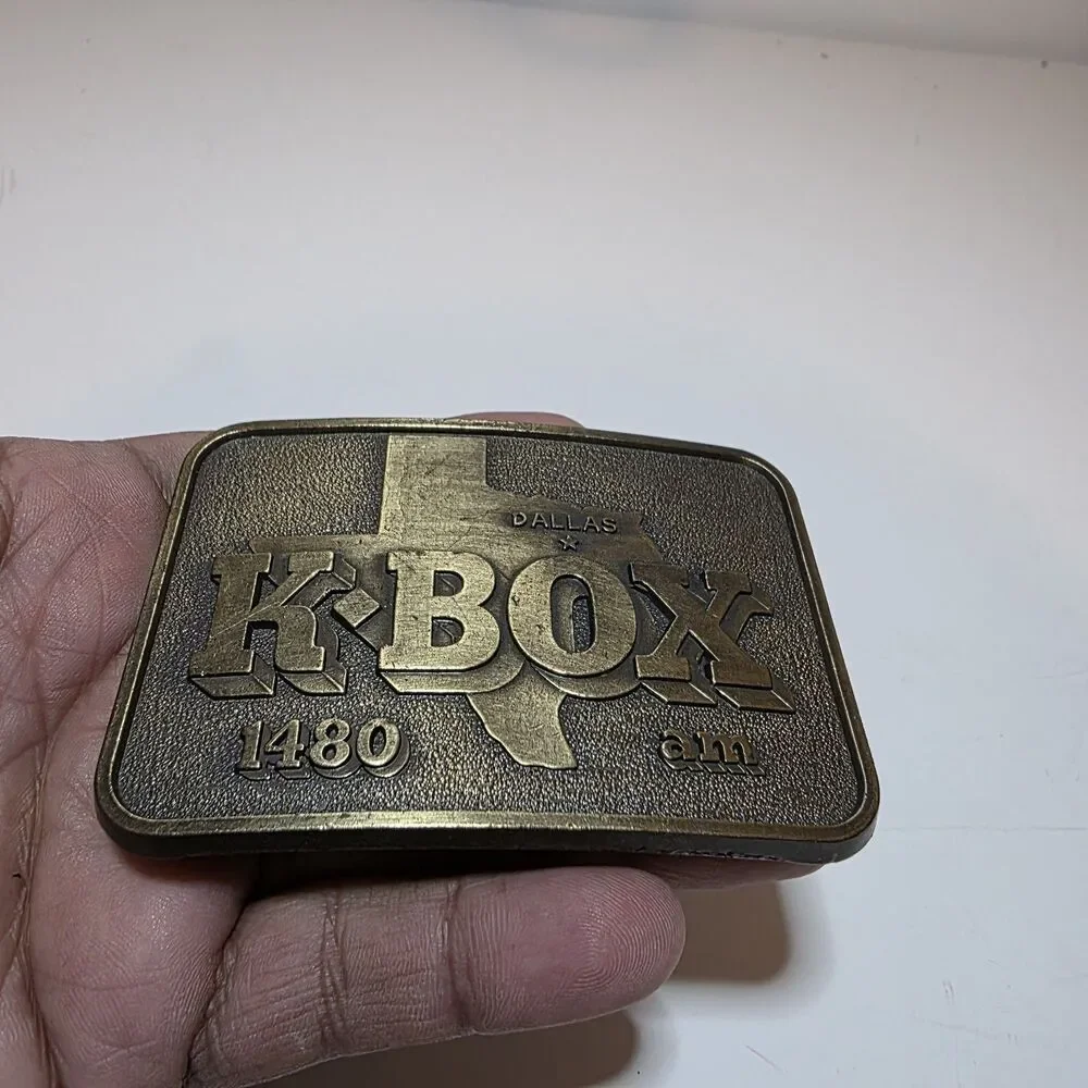 Vintage KBOX 1480 AM radio station Dallas Tx brass belt buckle Rectangle